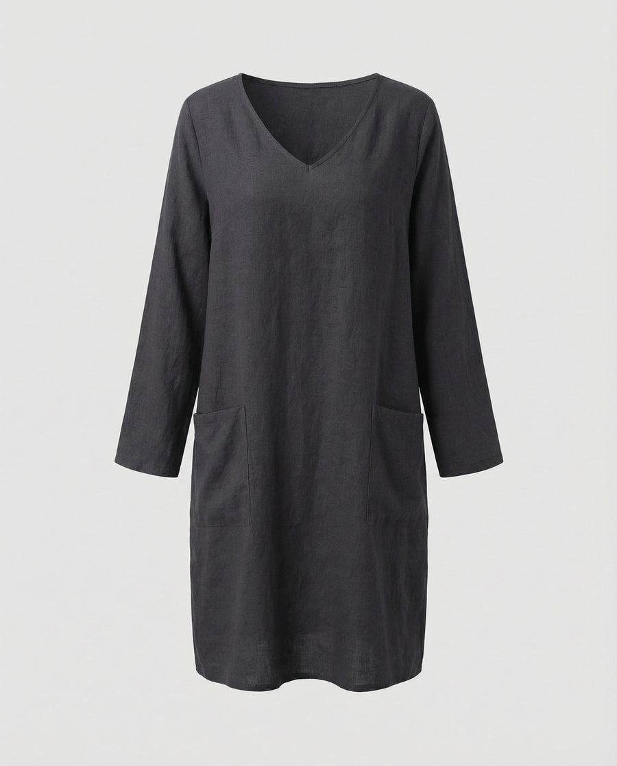 Saar Casual Linen Blend Dress with V-Neck and Side Pockets in Beige