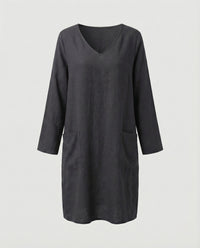 Saar Casual Linen Blend Dress with V-Neck and Side Pockets in Black