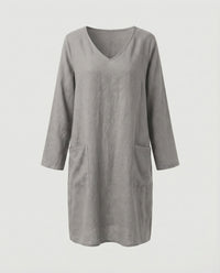 Saar Casual Linen Blend Dress with V-Neck and Side Pockets in Blue