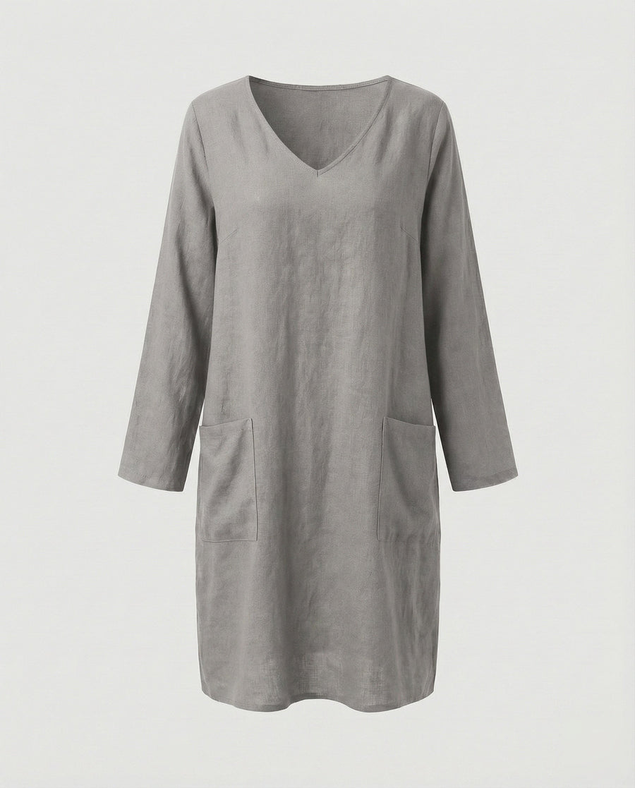 Saar Casual Linen Blend Dress with V-Neck and Side Pockets in Blue