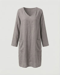 Saar Casual Linen Blend Dress with V-Neck and Side Pockets in Grey