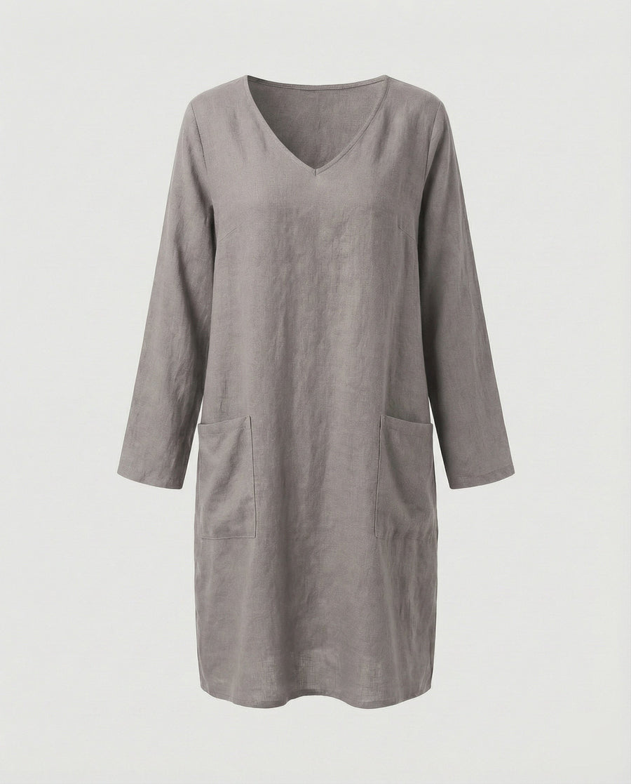 Saar Casual Linen Blend Dress with V-Neck and Side Pockets in Grey