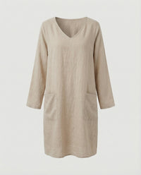 Saar Casual Linen Blend Dress with V-Neck and Side Pockets in Khaki