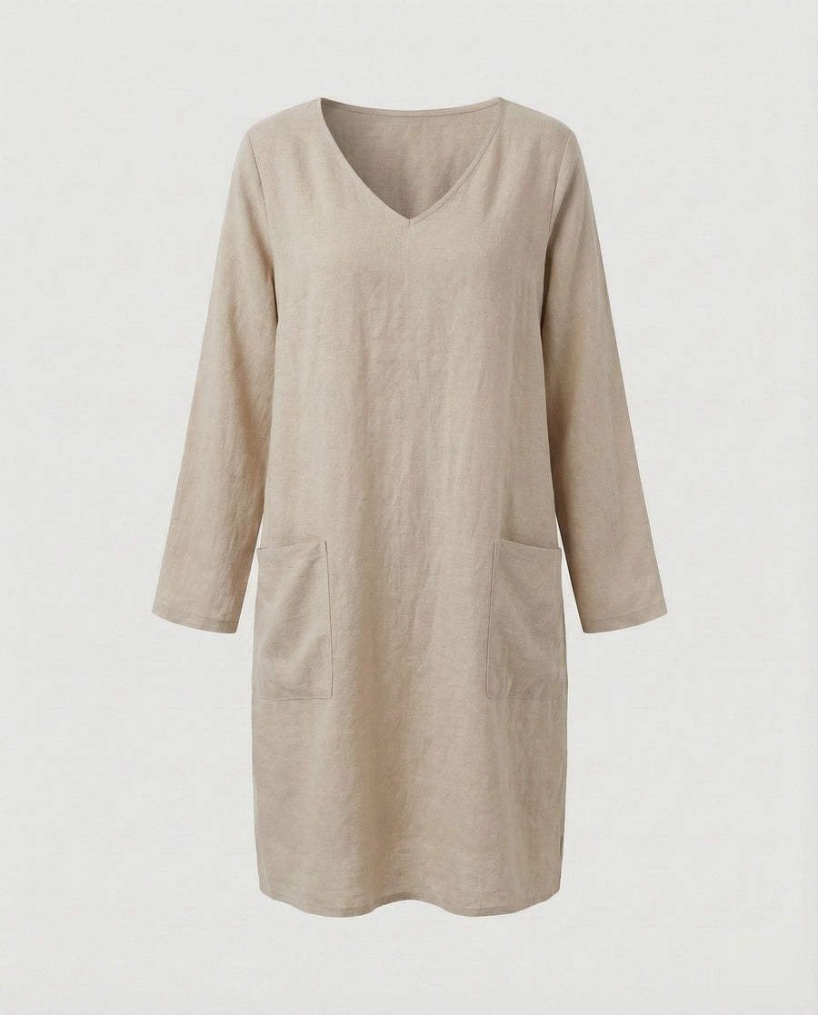 Saar Casual Linen Blend Dress with V-Neck and Side Pockets in Khaki