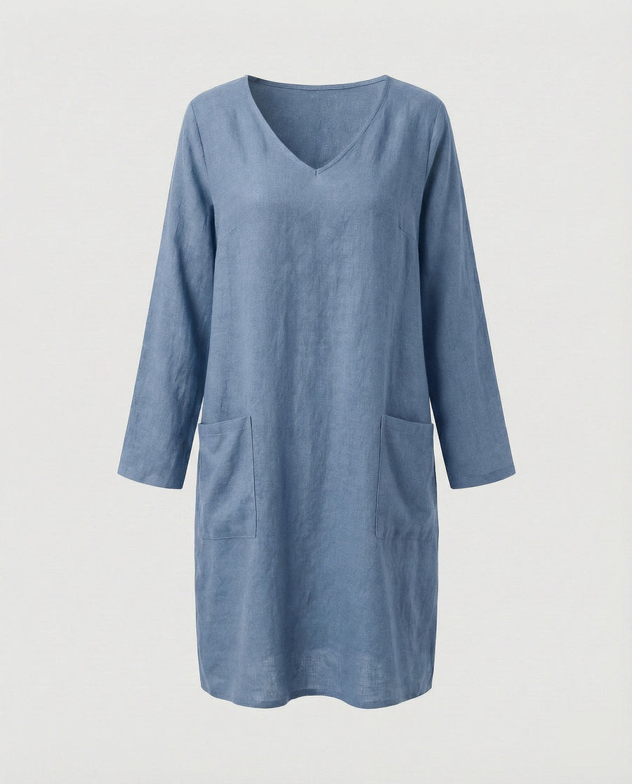 Saar Casual Linen Blend Dress with V-Neck and Side Pockets in Light Blue