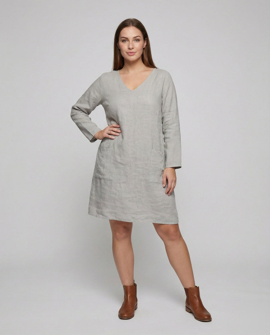 Saar Casual Linen Blend Dress with V-Neck and Side Pockets