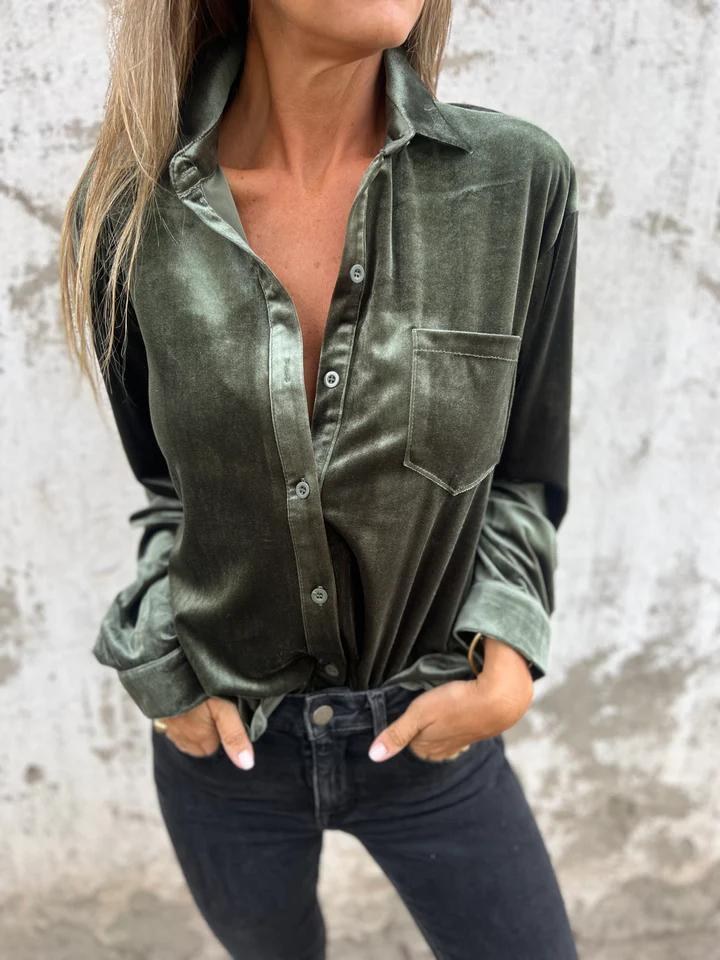 Saar Elegant Velvet Blouse in Olive Green