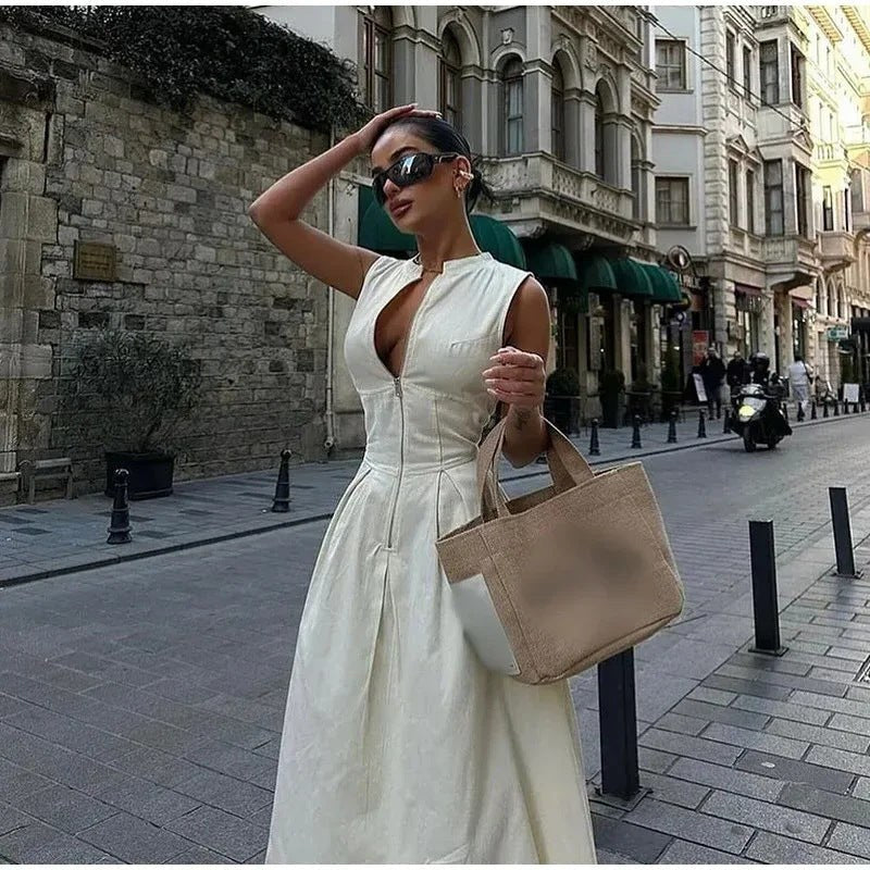 Sabine Elegant Dress with Zip Front in Beige