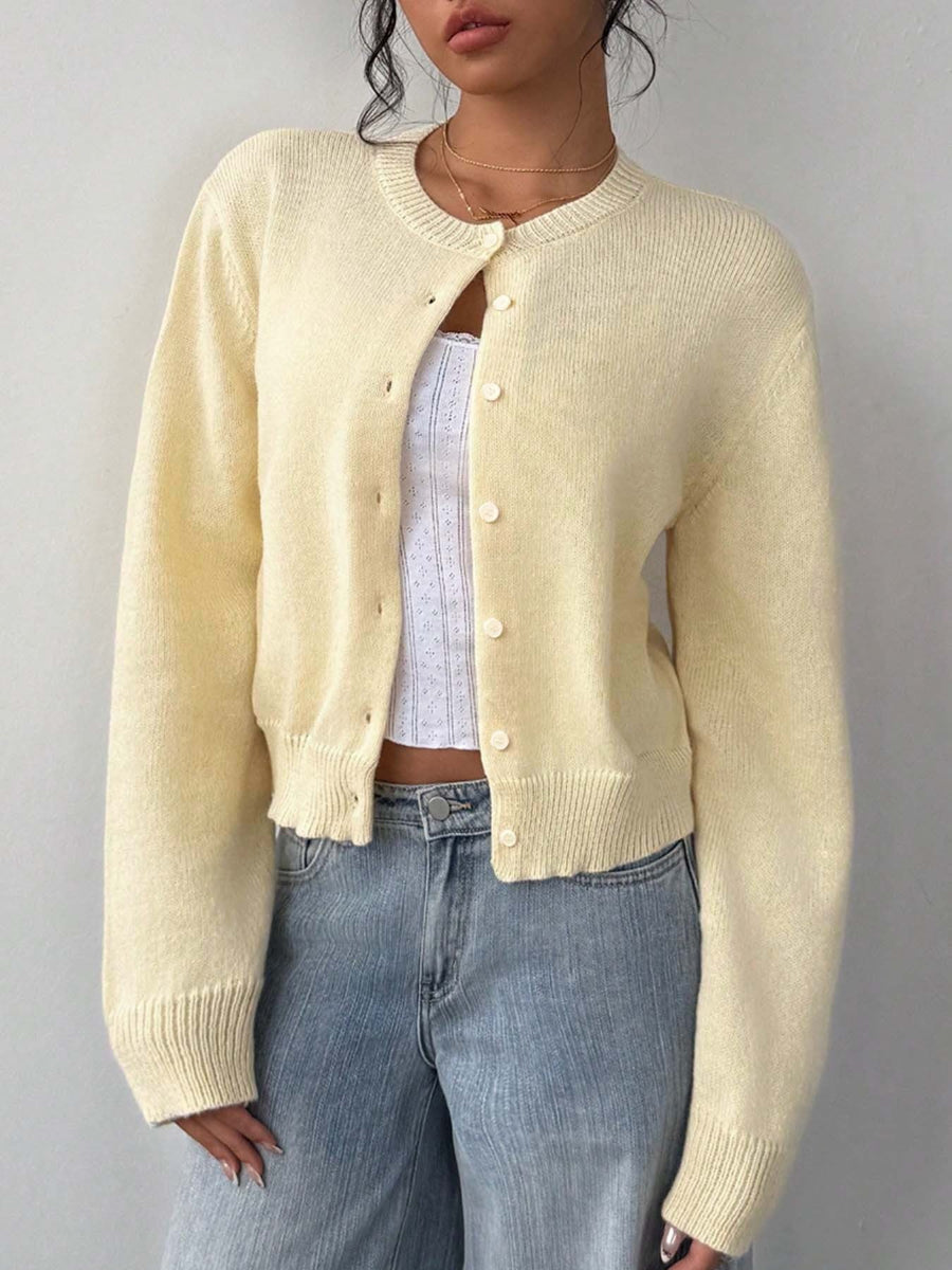Sabine Lightweight Knit Cardigan with Crew Neck in Yellow