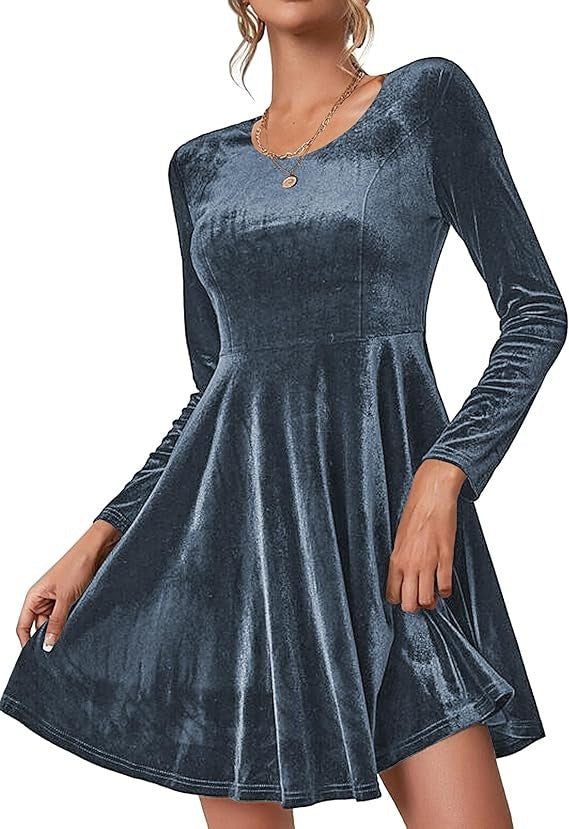Sabine Velvet Dress with Crew Neck in Sky Blue
