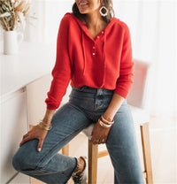 Sabrina Women's Button Front V-Neck Long Sleeve Top in Red