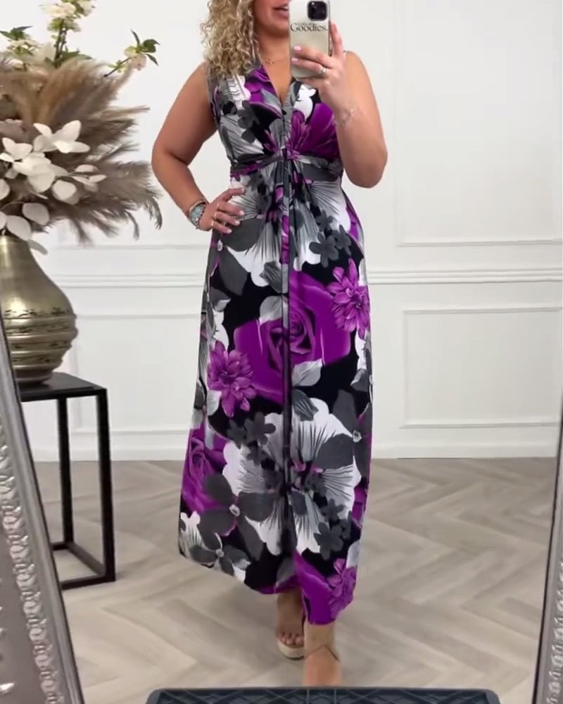 Sacha Women's Floral Print Sleeveless Maxi Dress V-Neck Pleated Summer Dress in Yellow