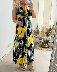 Sacha Women's Floral Print Sleeveless Maxi Dress V-Neck Pleated Summer Dress in Yellow