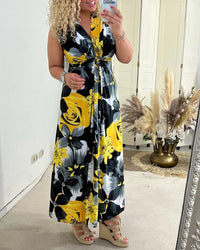 Sacha Women's Floral Print Sleeveless Maxi Dress V-Neck Pleated Summer Dress in Yellow