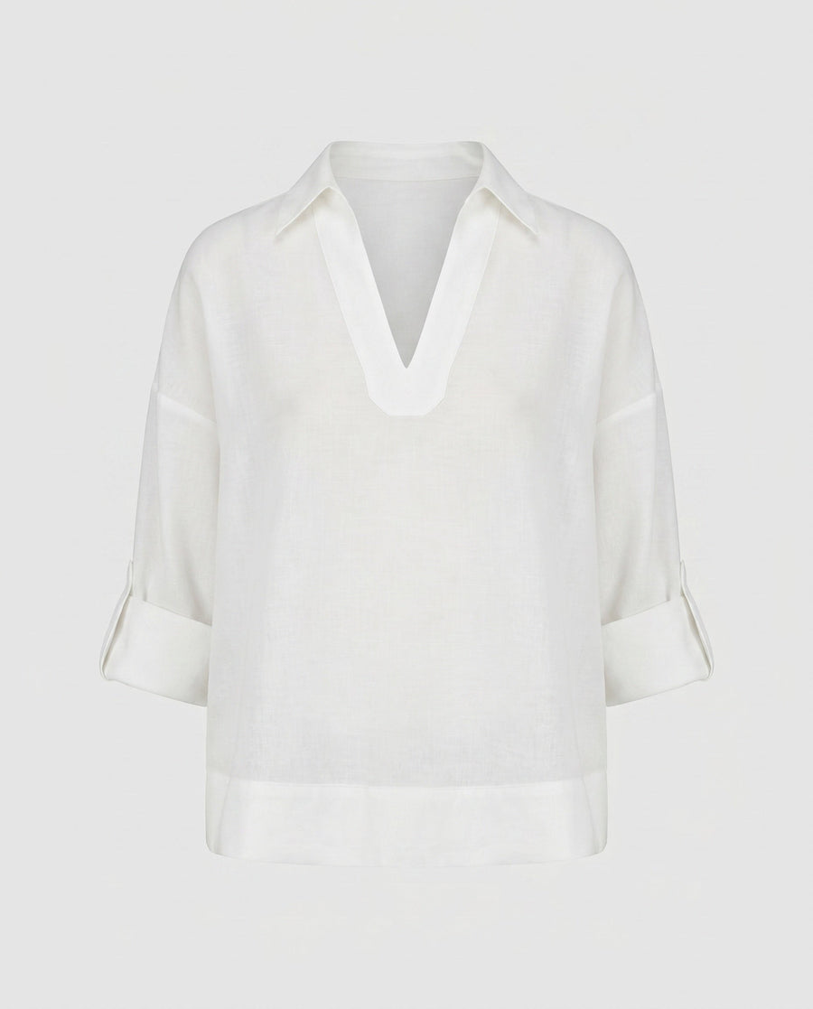 Sadie Casual Linen Top with V-Neck in White