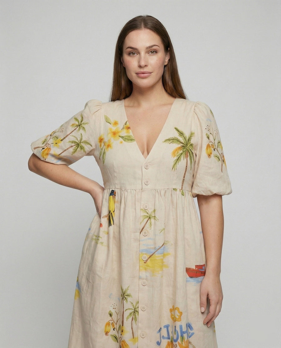 Sage Linen Midi Dress with V-Neck