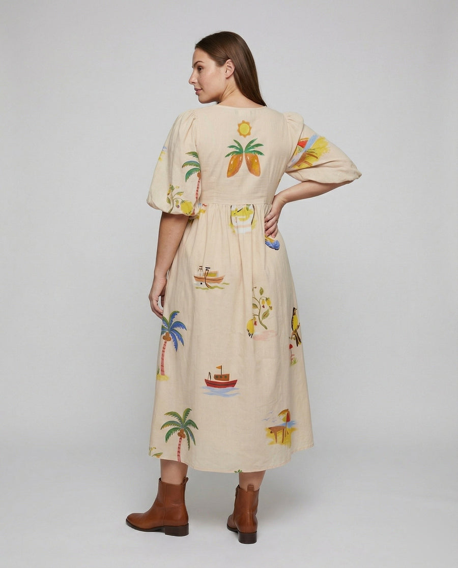 Sage Linen Midi Dress with V-Neck