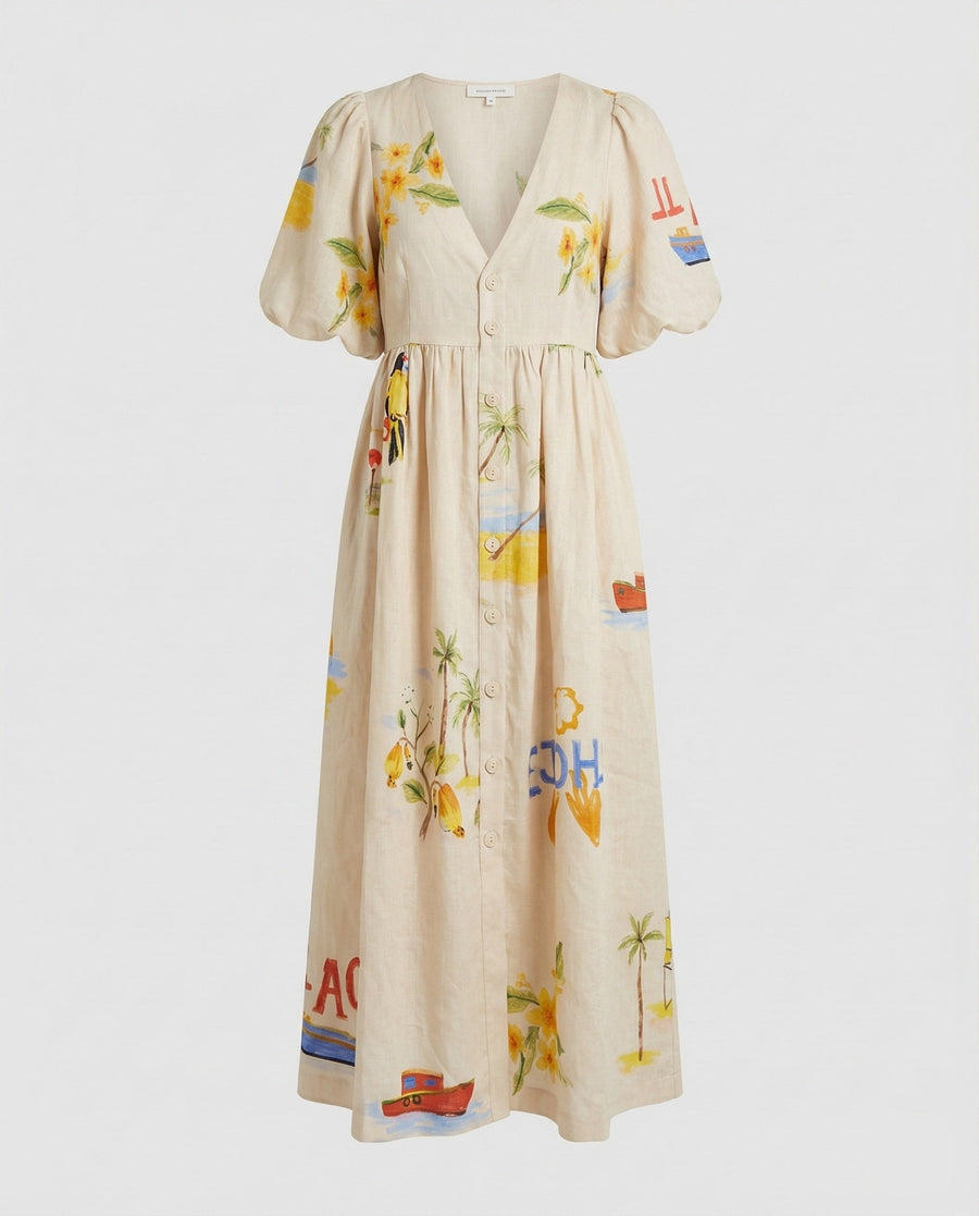 Sage Linen Midi Dress with V-Neck in White