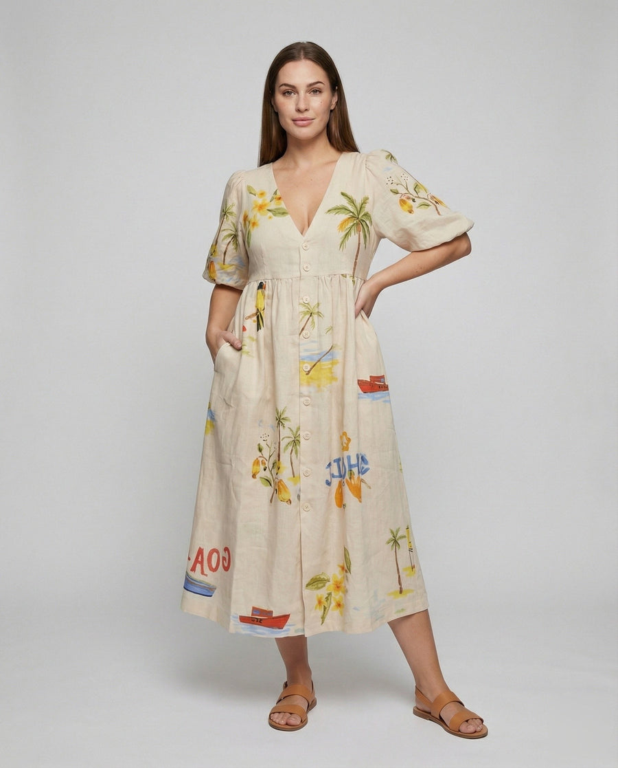 Sage Linen Midi Dress with V-Neck