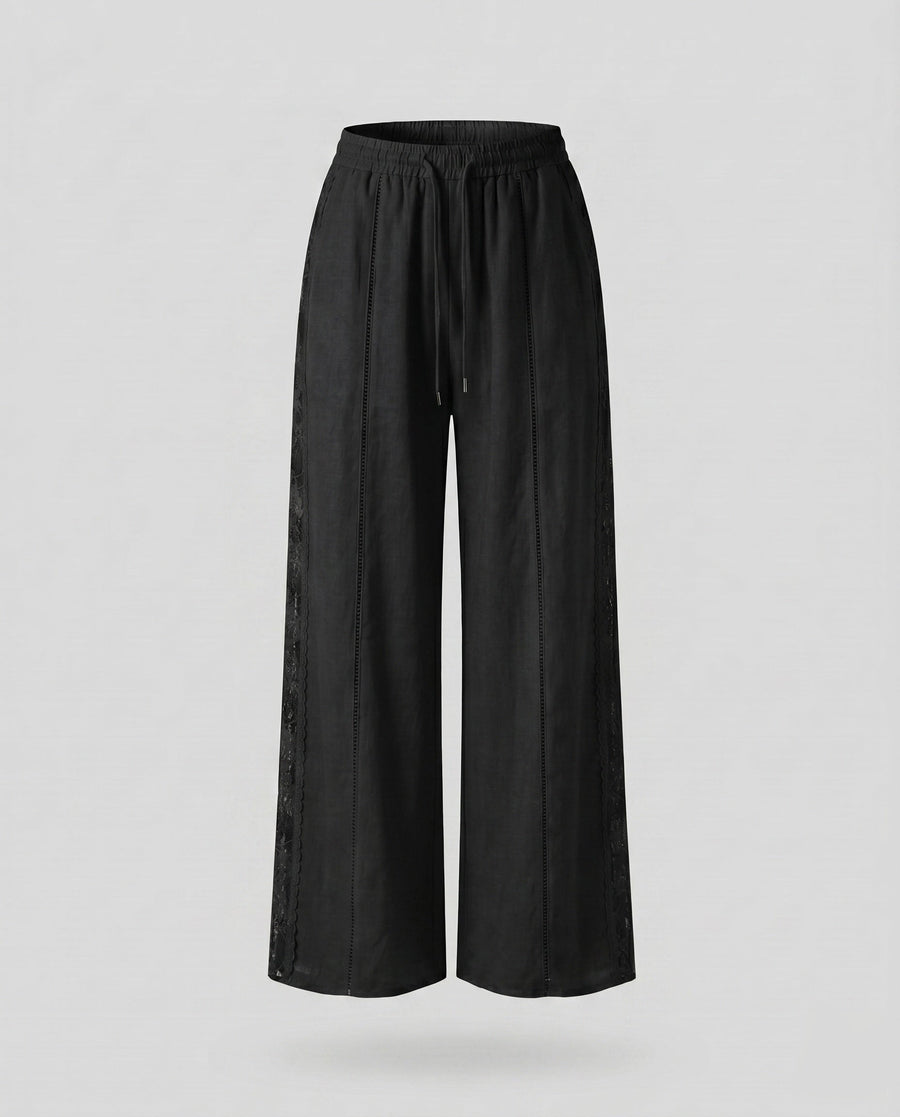 Sage Linen Trousers with Elastic Waist and Fitted in Black