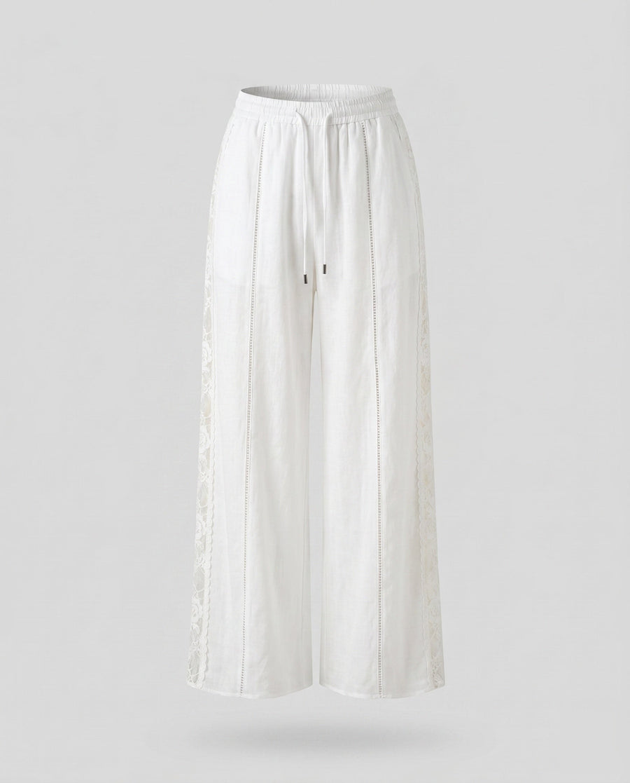 Sage Linen Trousers with Elastic Waist and Fitted in White