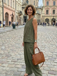 Sage Women's Linen Sleeveless Top Wide Leg Pants Two-Piece Set in Army Green