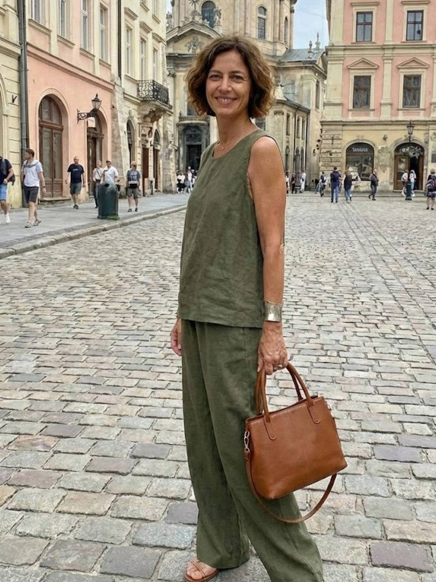 Sage Women's Linen Sleeveless Top Wide Leg Pants Two-Piece Set in Army Green