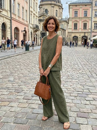 Sage Women's Linen Sleeveless Top Wide Leg Pants Two-Piece Set in Army Green