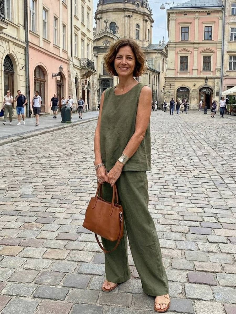 Sage Women's Linen Sleeveless Top Wide Leg Pants Two-Piece Set in Army Green