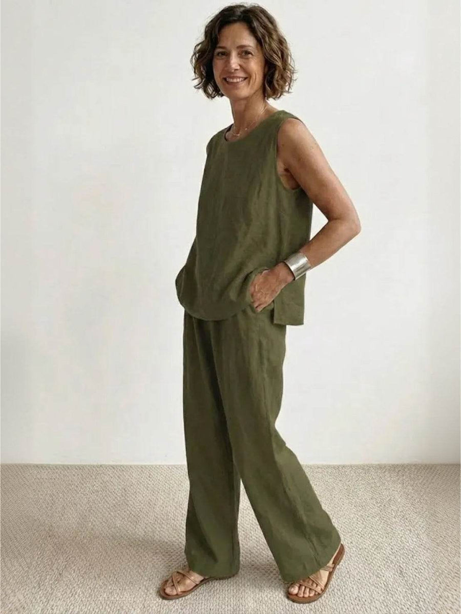 Sage Women's Linen Sleeveless Top Wide Leg Pants Two-Piece Set in Army Green