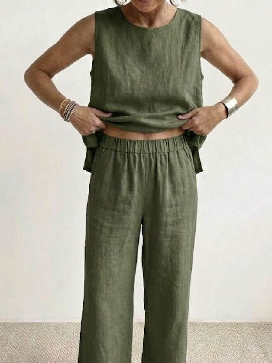 Sage Women's Linen Sleeveless Top Wide Leg Pants Two-Piece Set in Army Green