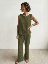 Sage Women's Linen Sleeveless Top Wide Leg Pants Two-Piece Set in Army Green