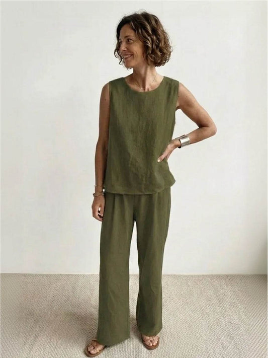 Sage Women's Linen Sleeveless Top Wide Leg Pants Two-Piece Set in Army Green