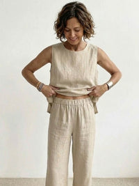 Sage Women's Linen Sleeveless Top Wide Leg Pants Two-Piece Set in Beige