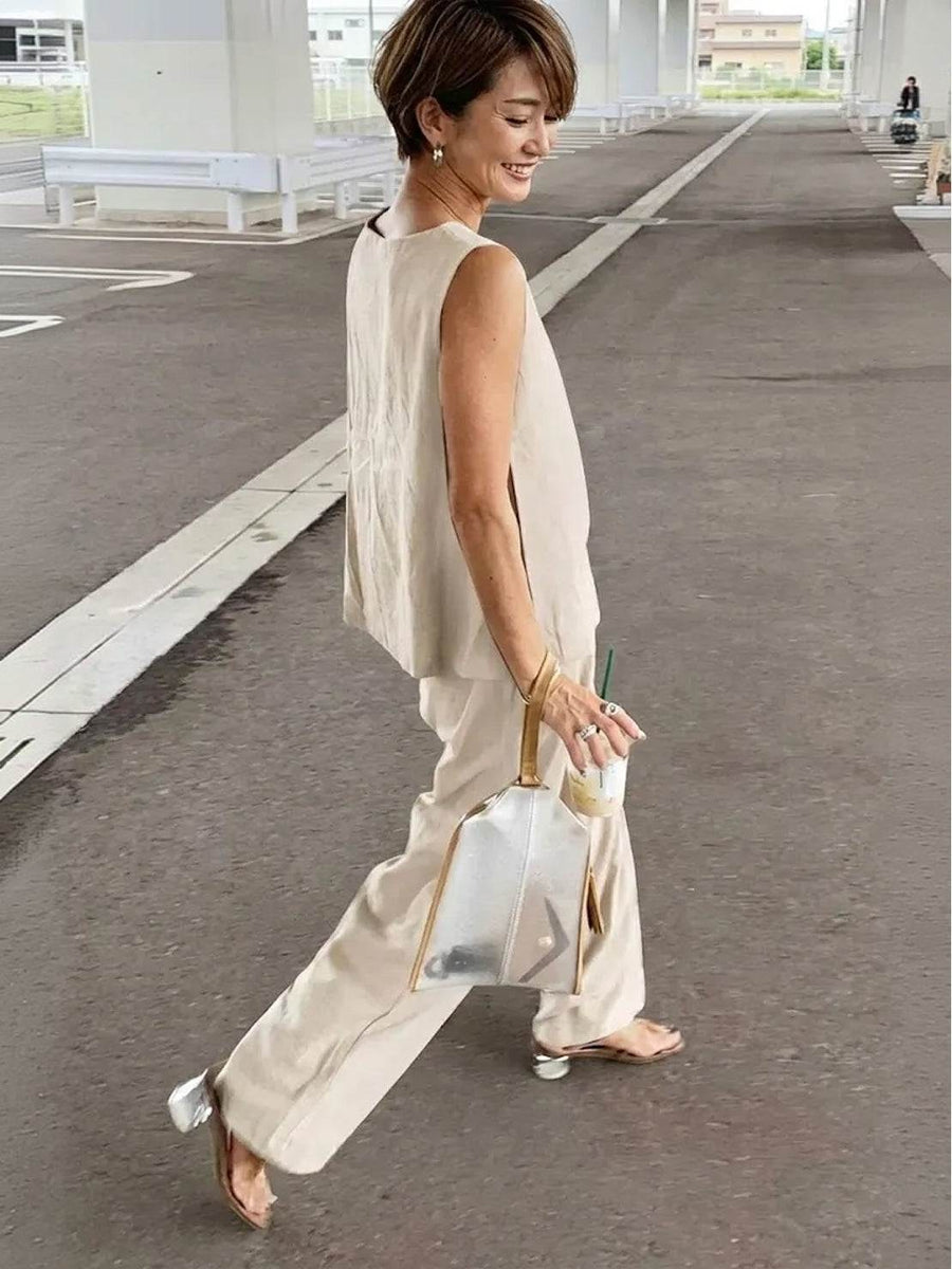 Sage Women's Linen Sleeveless Top Wide Leg Pants Two-Piece Set in Beige