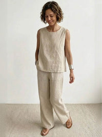 Sage Women's Linen Sleeveless Top Wide Leg Pants Two-Piece Set in Beige