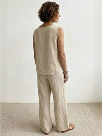 Sage Women's Linen Sleeveless Top Wide Leg Pants Two-Piece Set in Beige