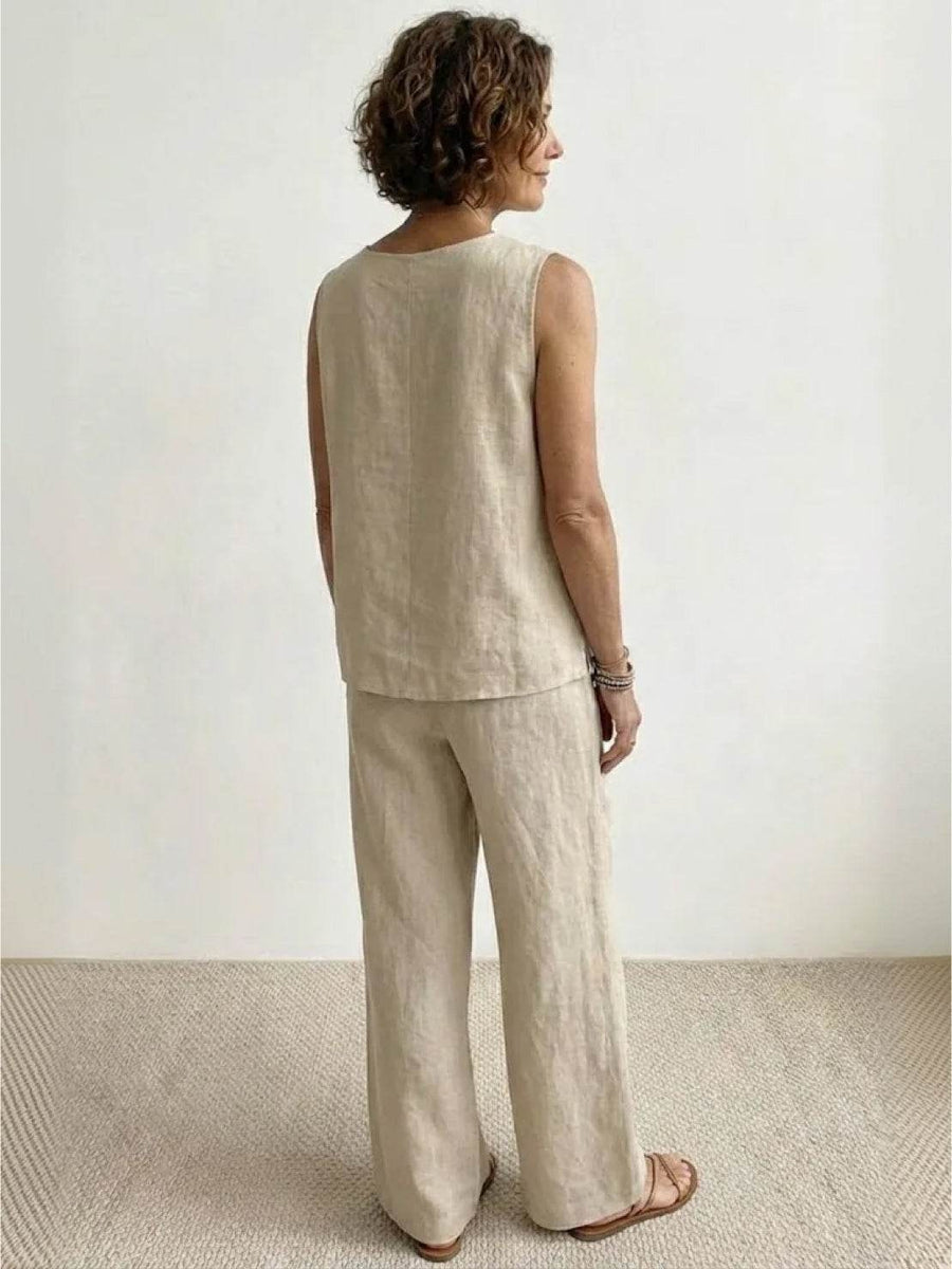 Sage Women's Linen Sleeveless Top Wide Leg Pants Two-Piece Set in Beige