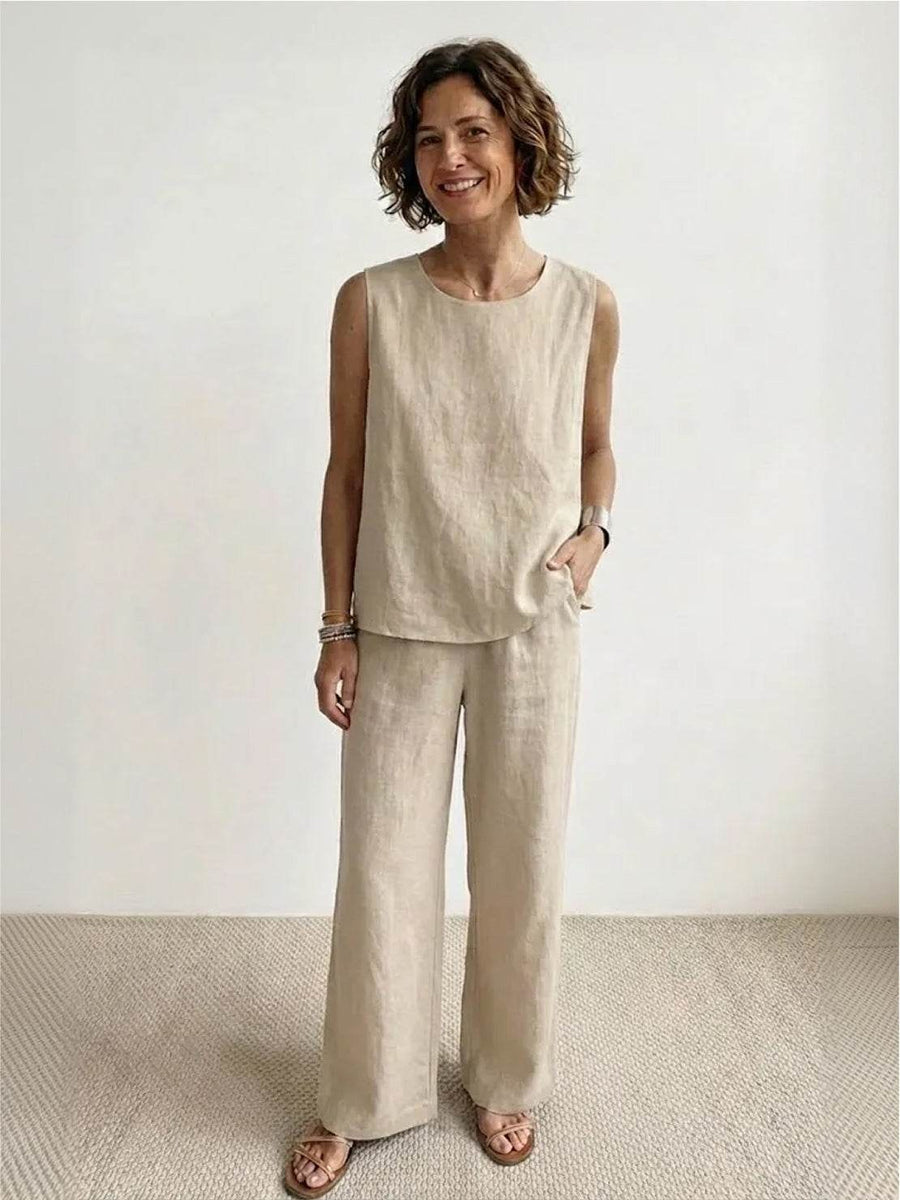 Sage Women's Linen Sleeveless Top Wide Leg Pants Two-Piece Set in Beige