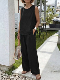 Sage Women's Linen Sleeveless Top Wide Leg Pants Two-Piece Set in Black