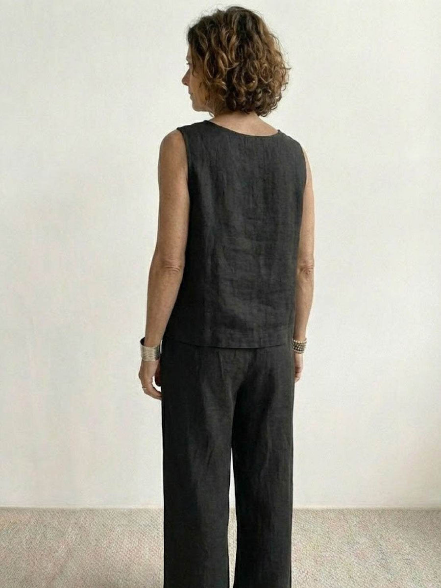 Sage Women's Linen Sleeveless Top Wide Leg Pants Two-Piece Set in Black