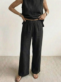 Sage Women's Linen Sleeveless Top Wide Leg Pants Two-Piece Set in Black