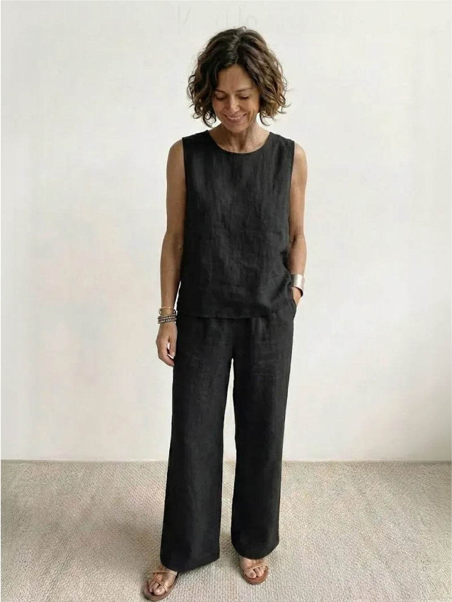 Sage Women's Linen Sleeveless Top Wide Leg Pants Two-Piece Set in Black