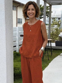 Sage Women's Linen Sleeveless Top Wide Leg Pants Two-Piece Set in Orange