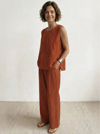 Sage Women's Linen Sleeveless Top Wide Leg Pants Two-Piece Set in Orange