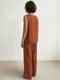 Sage Women's Linen Sleeveless Top Wide Leg Pants Two-Piece Set in Orange