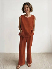 Sage Women's Linen Sleeveless Top Wide Leg Pants Two-Piece Set in Orange