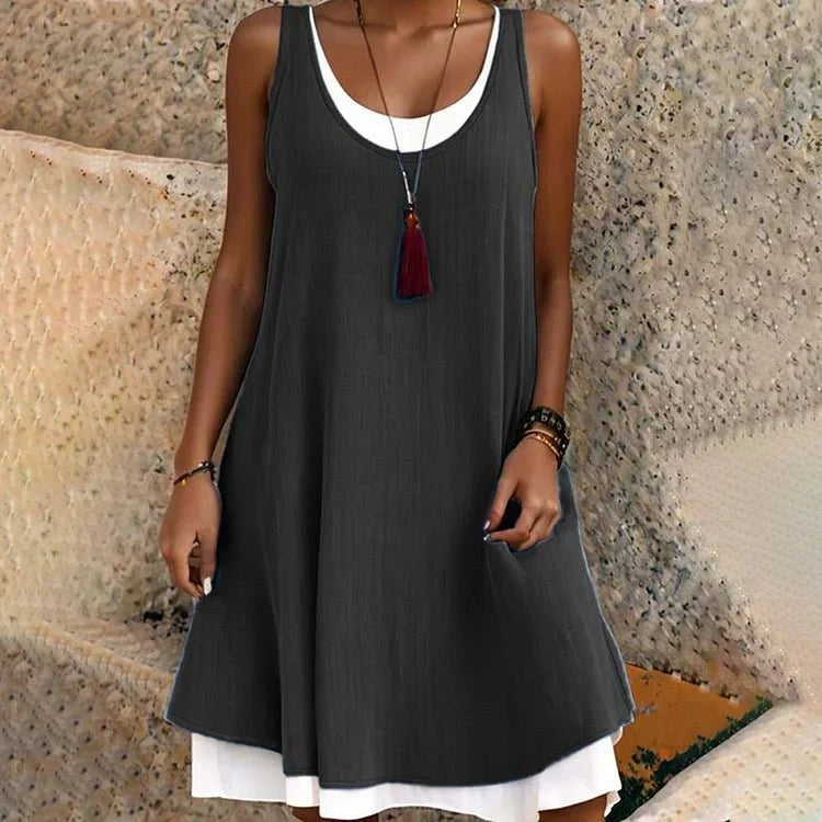 Sage Women's Sleeveless Midi Dress Scoop Neck Faux Two-Piece Summer in Black
