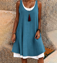 Sage Women's Sleeveless Midi Dress Scoop Neck Faux Two-Piece Summer in Blue