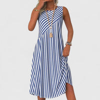 Sailor Women's Sleeveless Stripe Midi Dress Round Neck in Blue and White